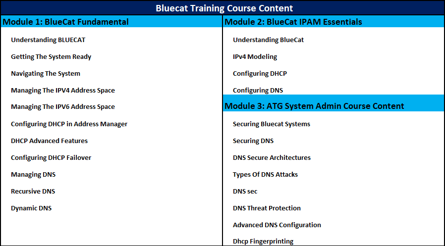 Bluecat Online Training Course Content